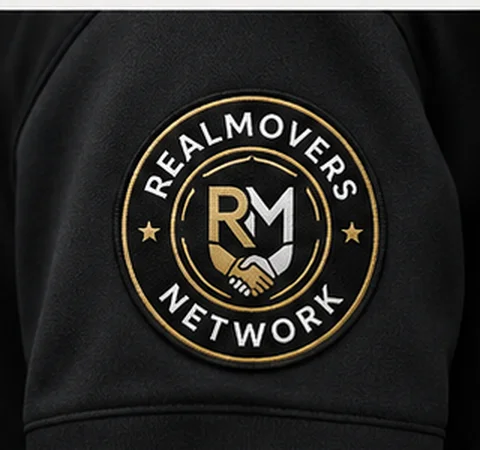Real Movers Network embroidered member badge on a crew fleece