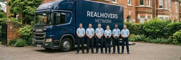 Real Movers Network liveried lorry with a removals crew on a red-brick UK street