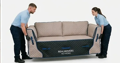 Two movers carrying a sofa in a quilted Real Movers Network transit cover